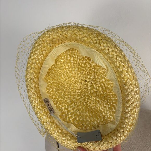 VTG 1940s 1950s Veiled Straw Woven Yellow Hat Headpiece Netting Union Made - Picture 4 of 5